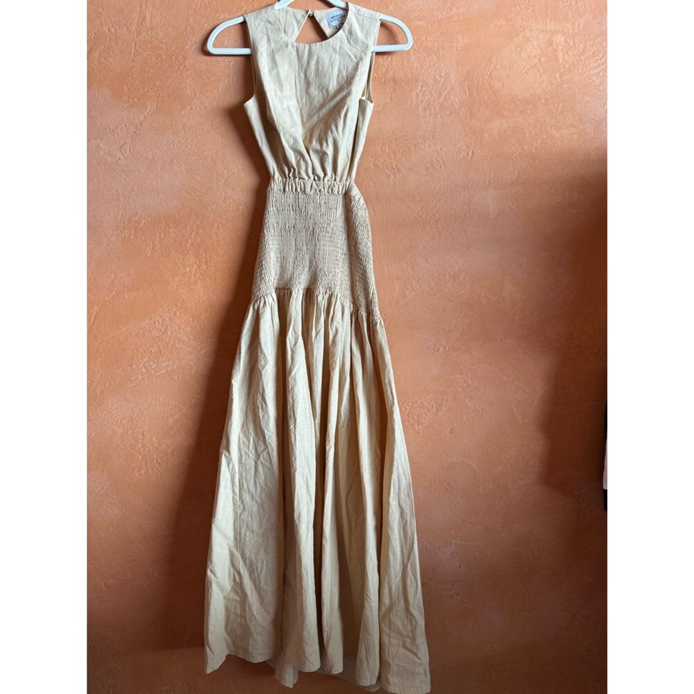 SNDYS Linen Cotton Smocked Maxi Dress Beige Sleeveless Cutout XS